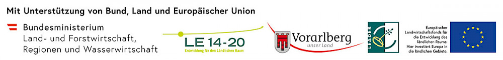 Logoleiste Bundesministerium für Land- und Forstwirtschaft, Regionen und Wasserwirtschaft, LEADER, Land Vorarlberg und EU-Logo