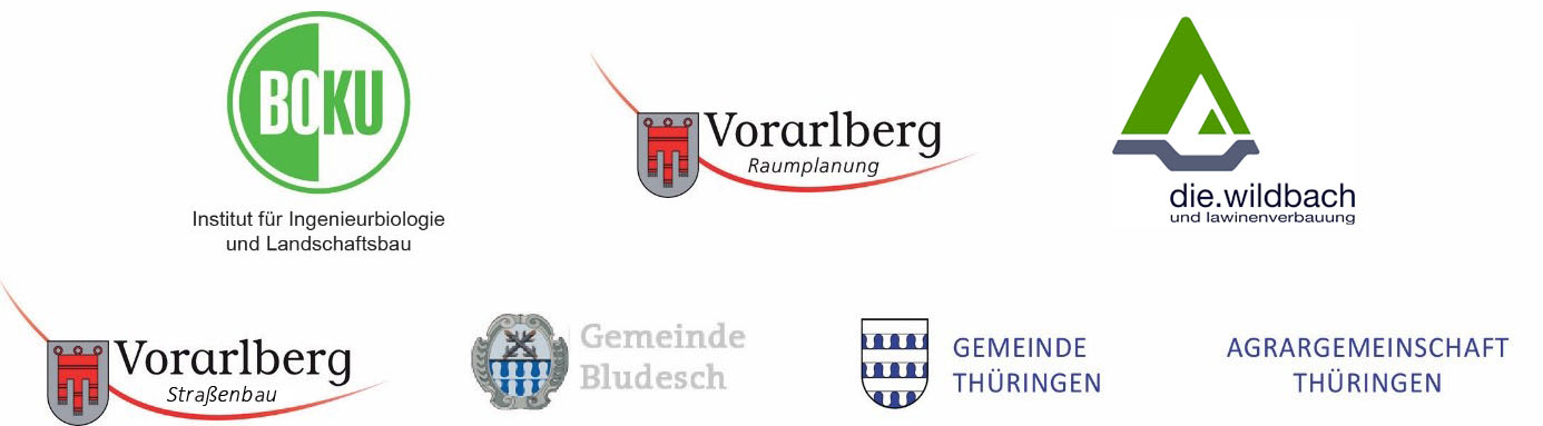 Logos von BOKU Wien, Land Vorarlberg, die Wildbach und Lawinenverbauung, Gemeinde Bludesch, Gemeinde Thüringen, Agrargemeinschaft Thüringen